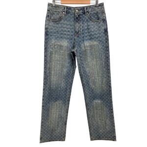 Daily Paper Destroyed Amba Straight Jeans Blue Jacquard Pattern Streetwear M 34